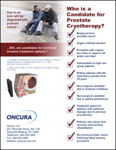 Sales Sheet for Oncura's prostate cryotherapy treament 