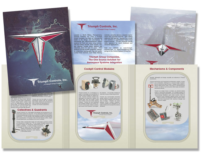 When DDA did the marketing analysis in preperation for designing this Triumph Controls brochure, it realized that the triangular Triumph logo could be 3D modeled into a futuristic airplane. 
